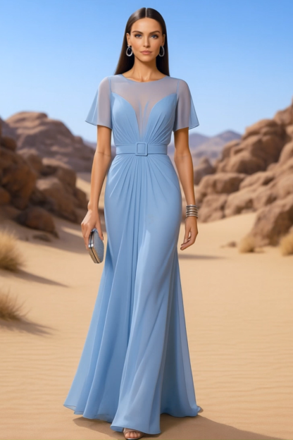 Evening Dress Blue Crew Neck Belted Maxi Dress