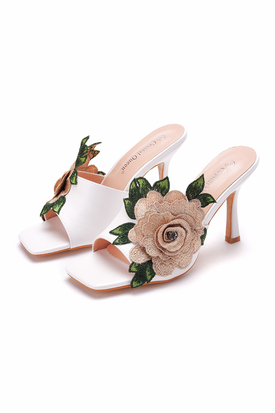 White Square-Toe Mule Heels Rose Flower Leaf Embroidery