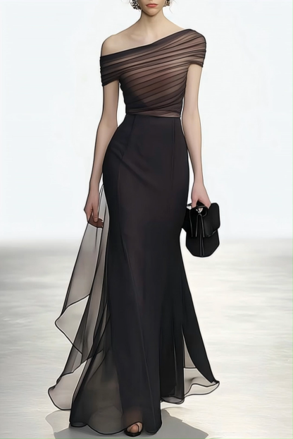 Formal Evening Dress Black One-Shoulder Pleated Chiffon Maxi Dress