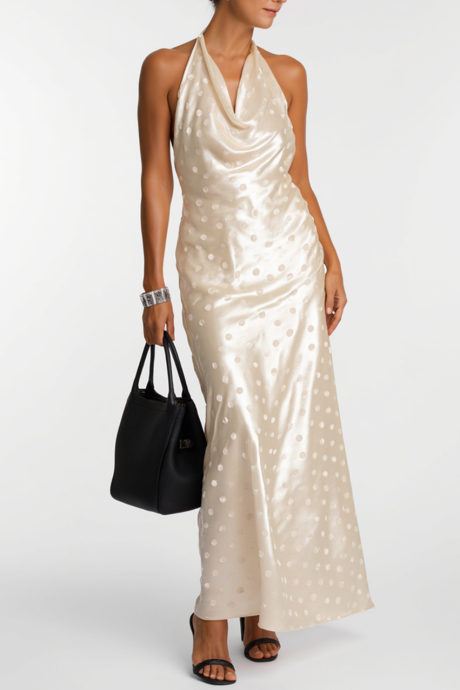 ​Formal​ ​Wedding Guest Dress Satin Dot Champagne Halter Neck Maxi Dre