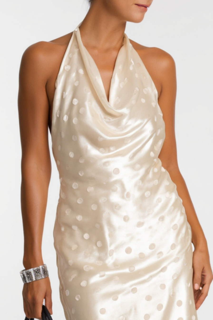 ​Formal​ ​Wedding Guest Dress Satin Dot Champagne Halter Neck Maxi Dress