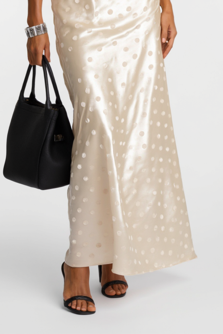 ​Formal​ ​Wedding Guest Dress Satin Dot Champagne Halter Neck Maxi Dress