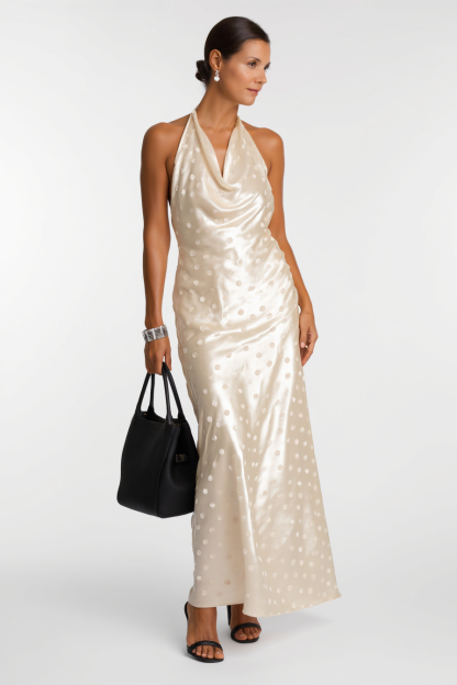 ​Formal​ ​Wedding Guest Dress Satin Dot Champagne Halter Neck Maxi Dress