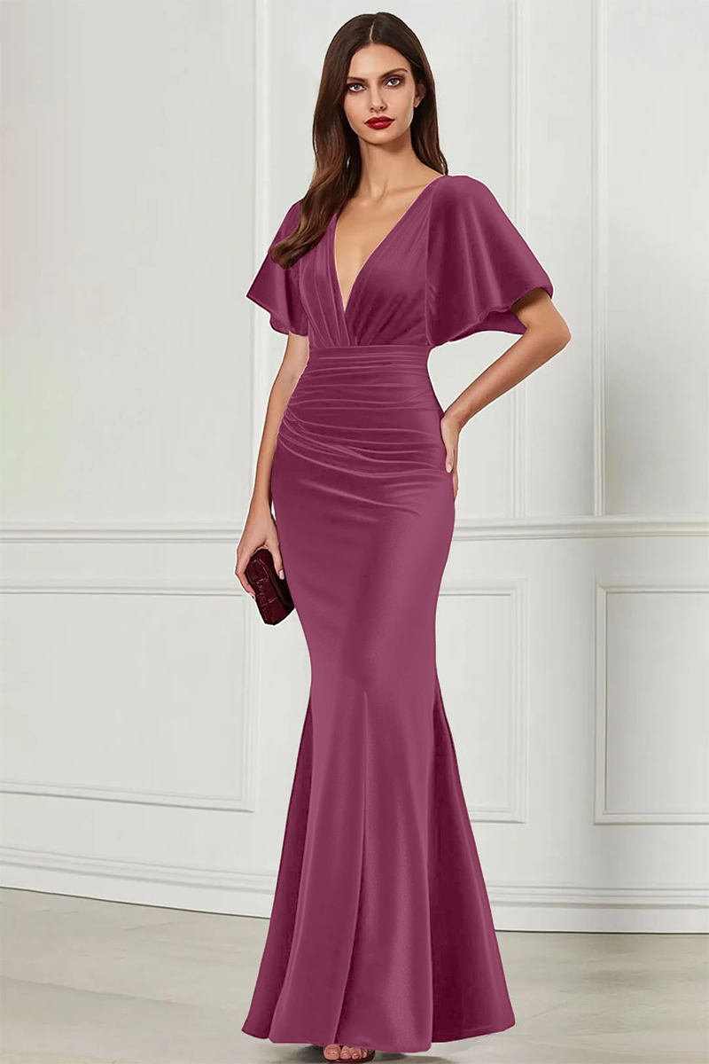 Formal Evening Dress Burgundy V Neck Velvet Maxi Dress