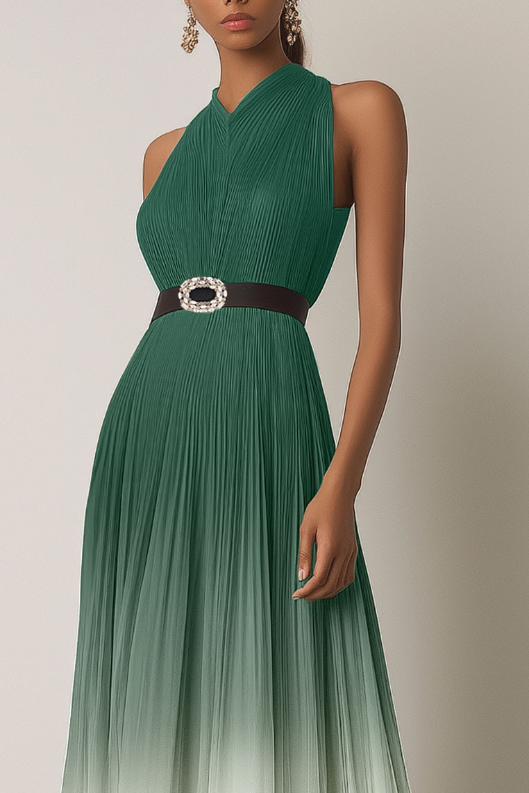 Evening Dress Green-White Ombre Pleated Chiffon Waist Tie Maxi Dress