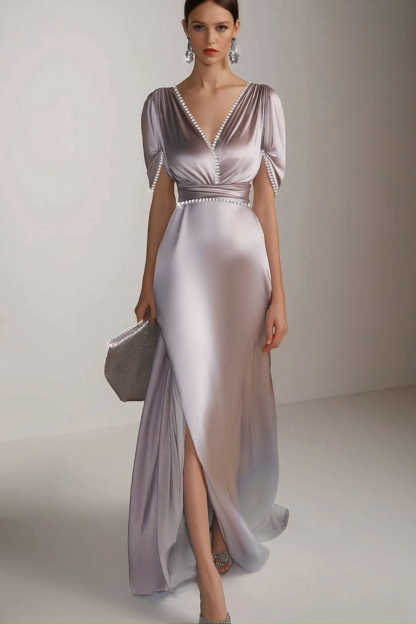 Satin Pearl Pink Dress Pearl Short Sleeves Deep V Long Dress