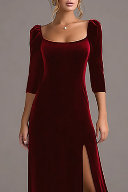 Formal Evening Dress Burgundy Square Neck Velvet Maxi Dress