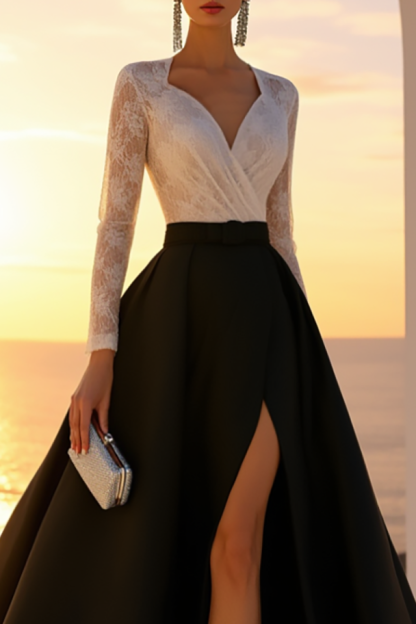 Evening Dress Black White Lace V-Neck Long Sleeve High Slit Maxi Gown