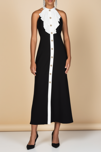Cocktail Party Dress Black White Halter Neck Midi Dress