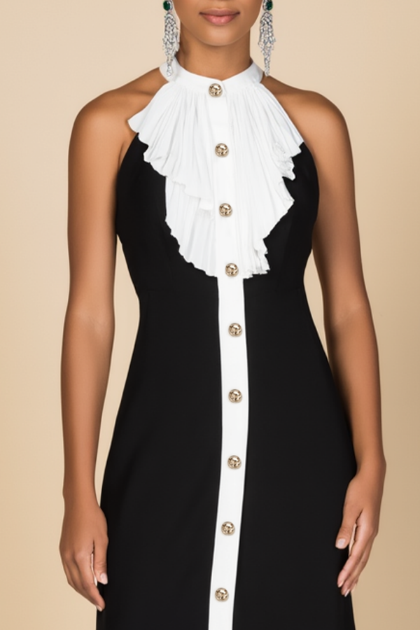 Cocktail Party Dress Black White Halter Neck Midi Dress