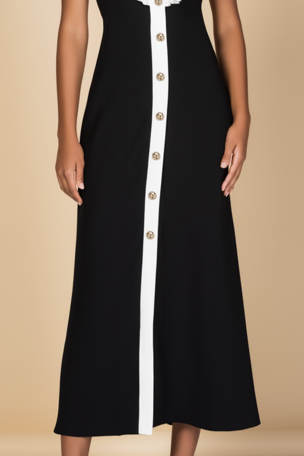 Cocktail Party Dress Black White Halter Neck Midi Dress