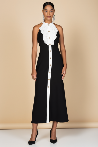 Cocktail Party Dress Black White Halter Neck Midi Dress
