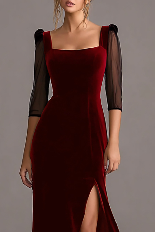 Formal Evening Dress Black Square Neck Velvet Maxi Dress