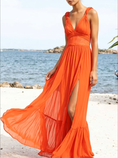 Bohemian Vacation Spaghetti Strap Dress Orange V-Neck Side Slit Maxi Dress