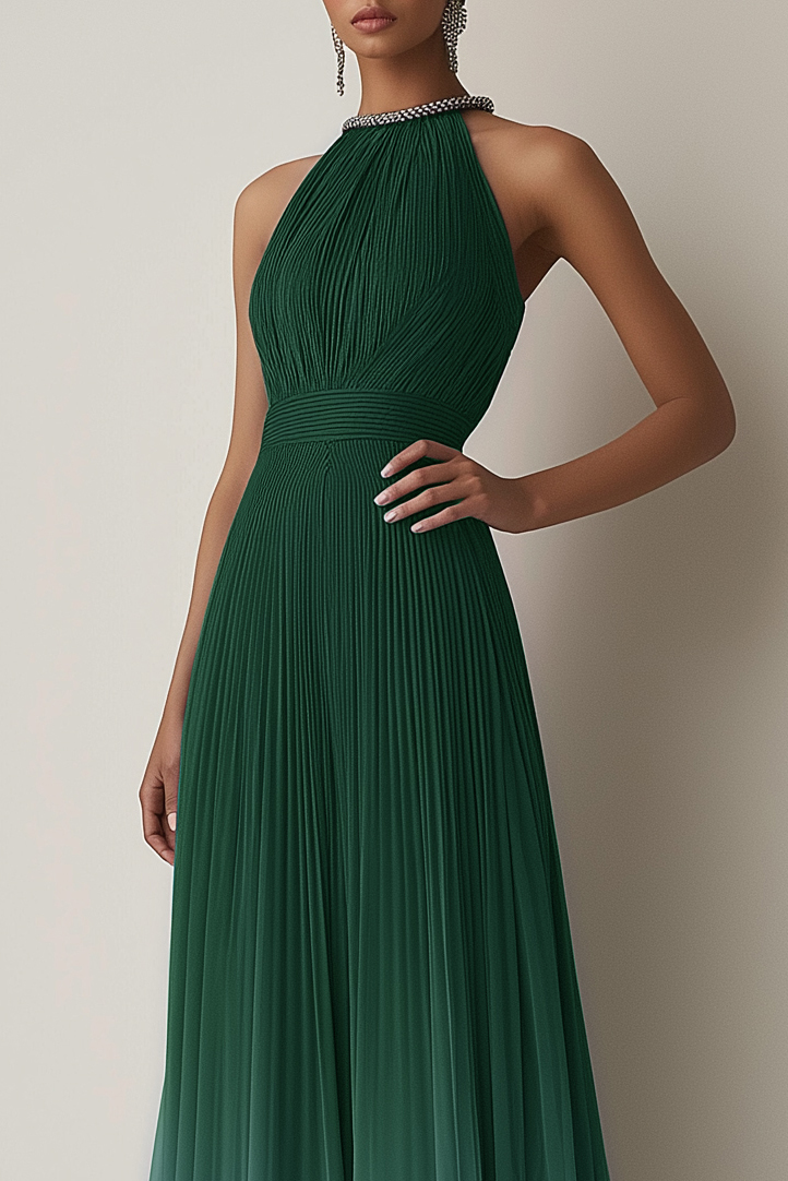 Evening Halter Dress Green-Blue Ombre Pleated Chiffon Maxi Dress