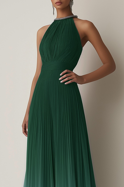 Evening Halter Dress Green-Blue Ombre Pleated Chiffon Maxi Dress