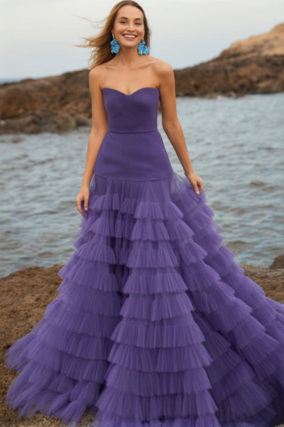 Evening​ ​Prom Dress​ Purple Strapless Layer Floor-Length Dress