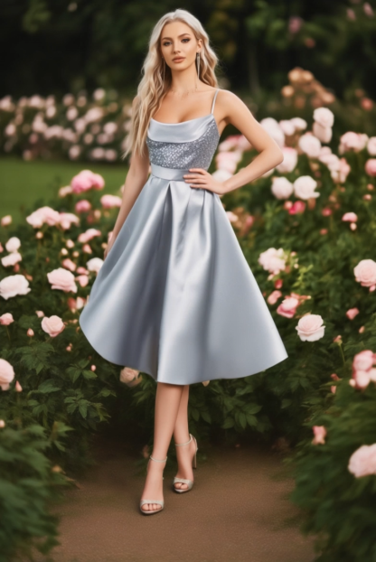 Homecoming​ Party Satin Dress​​ Gray Spaghetti Strap Midi Dress