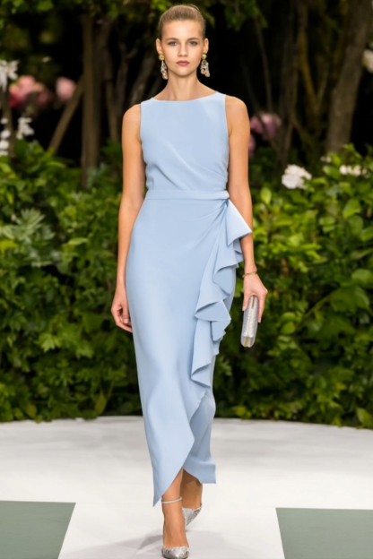 Formal Wedding Guest Dress Blue Crew Neck Ruffle Maxi Dress