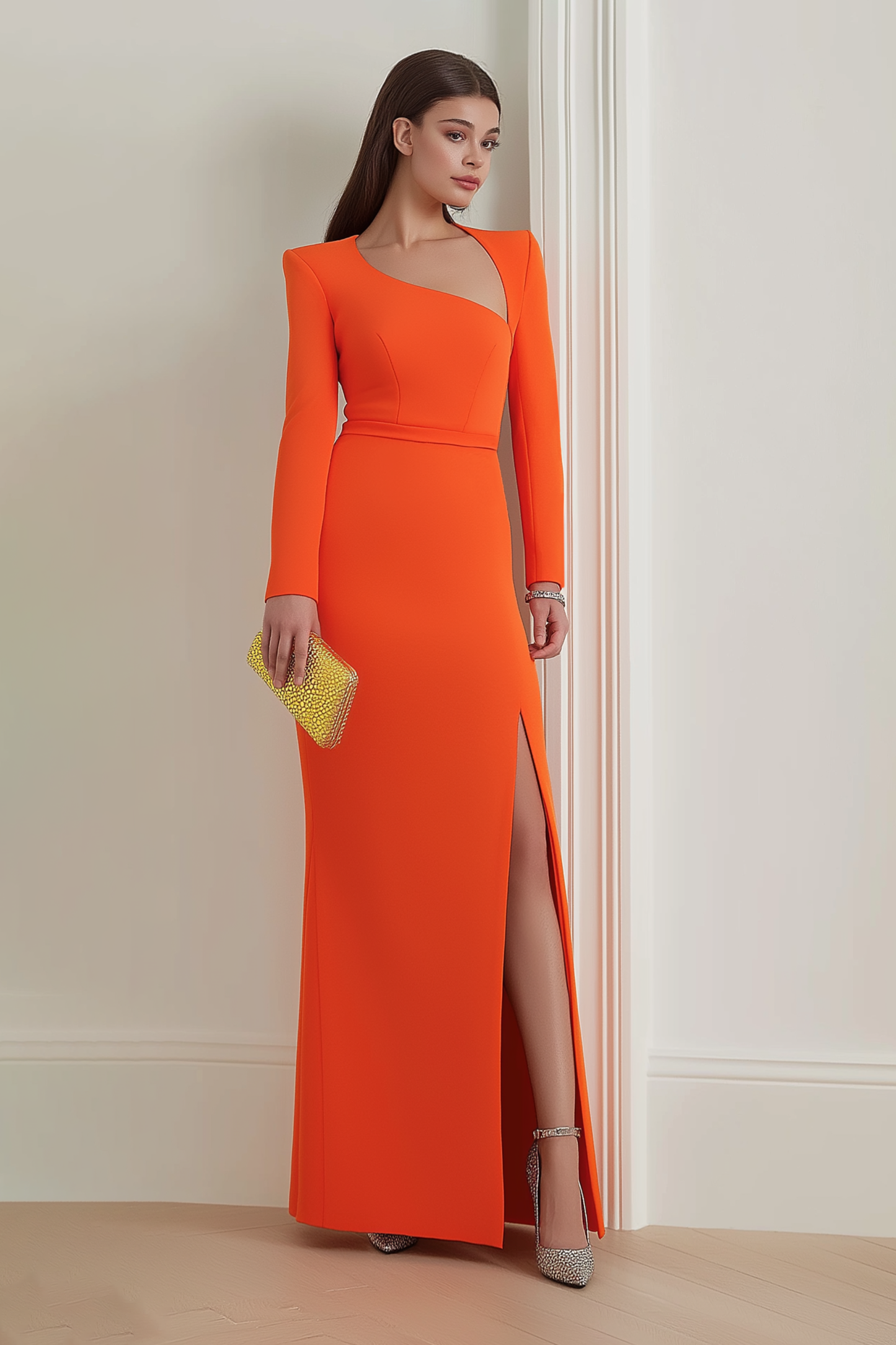 Formal Evening Dress Orange V Neck Long Sleeve Slit Maxi Dress