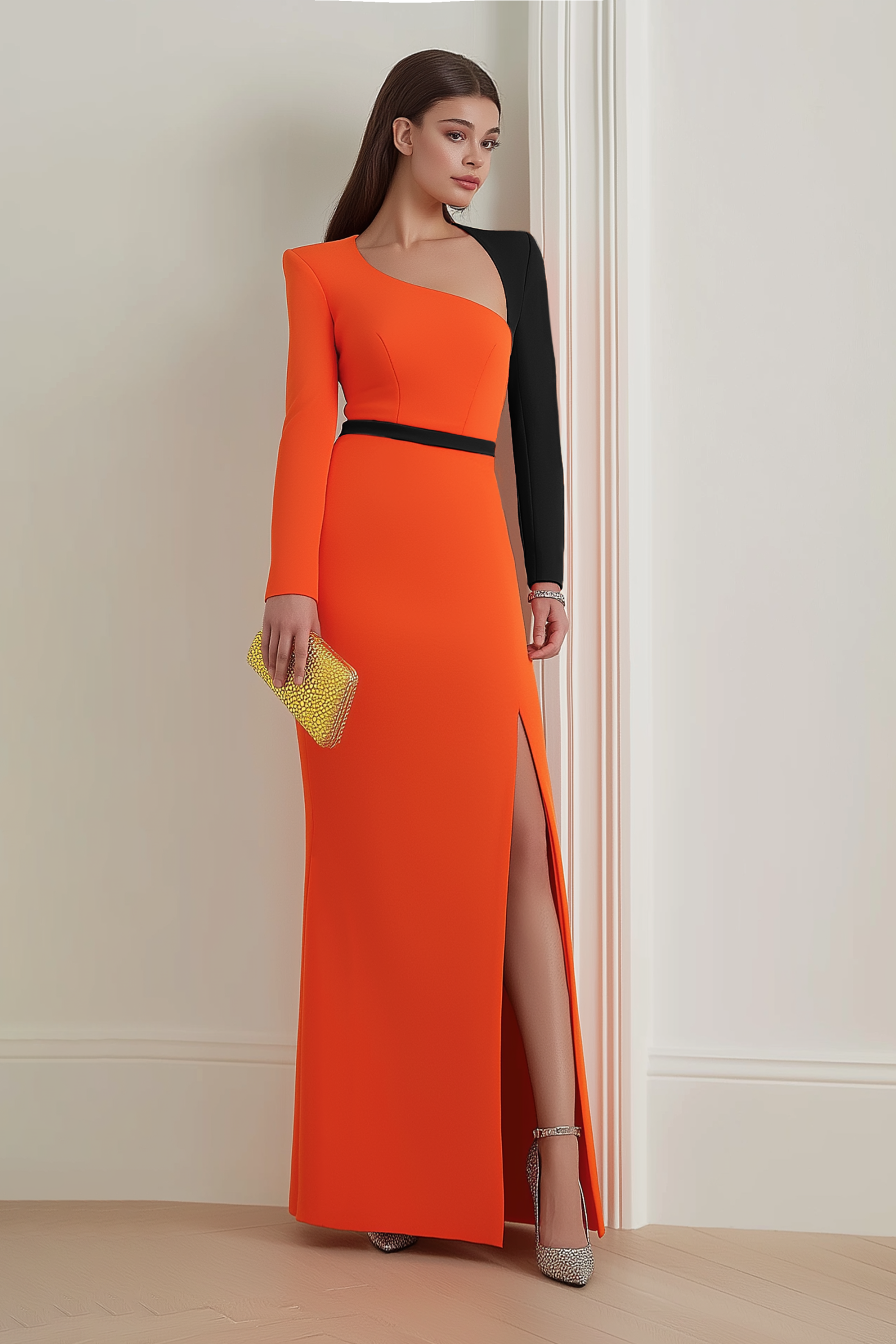 Formal Evening Dress Orange V Neck Long Sleeve Slit Maxi Dress