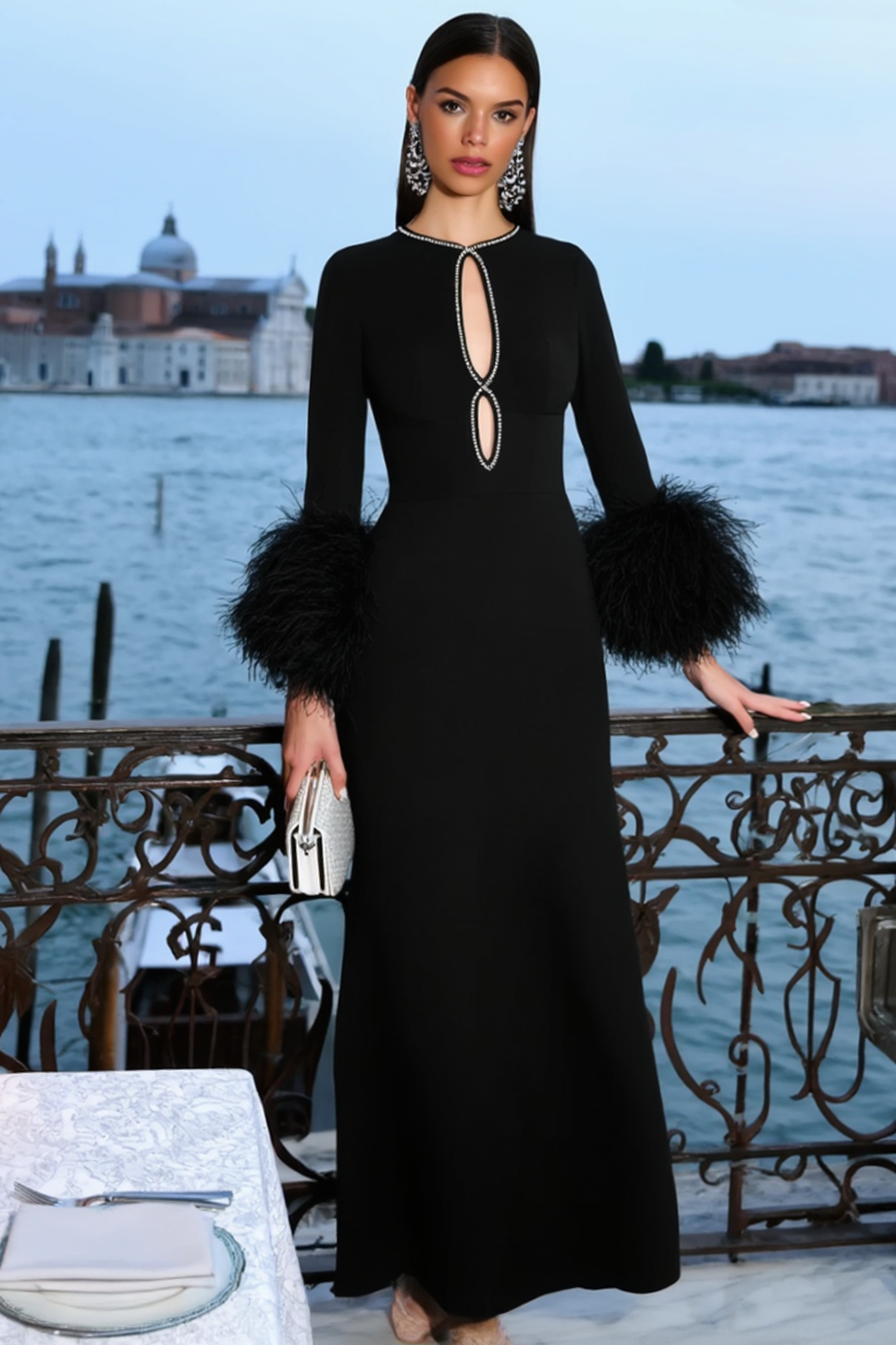 Formal Evening Dress Black Crew Neck Long Sleeve Maxi Dress