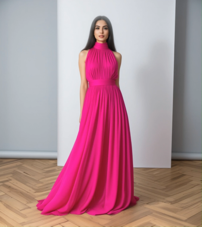Vacation Holiday Dress Rose Halter Neck Ruched Floor-Length Dress