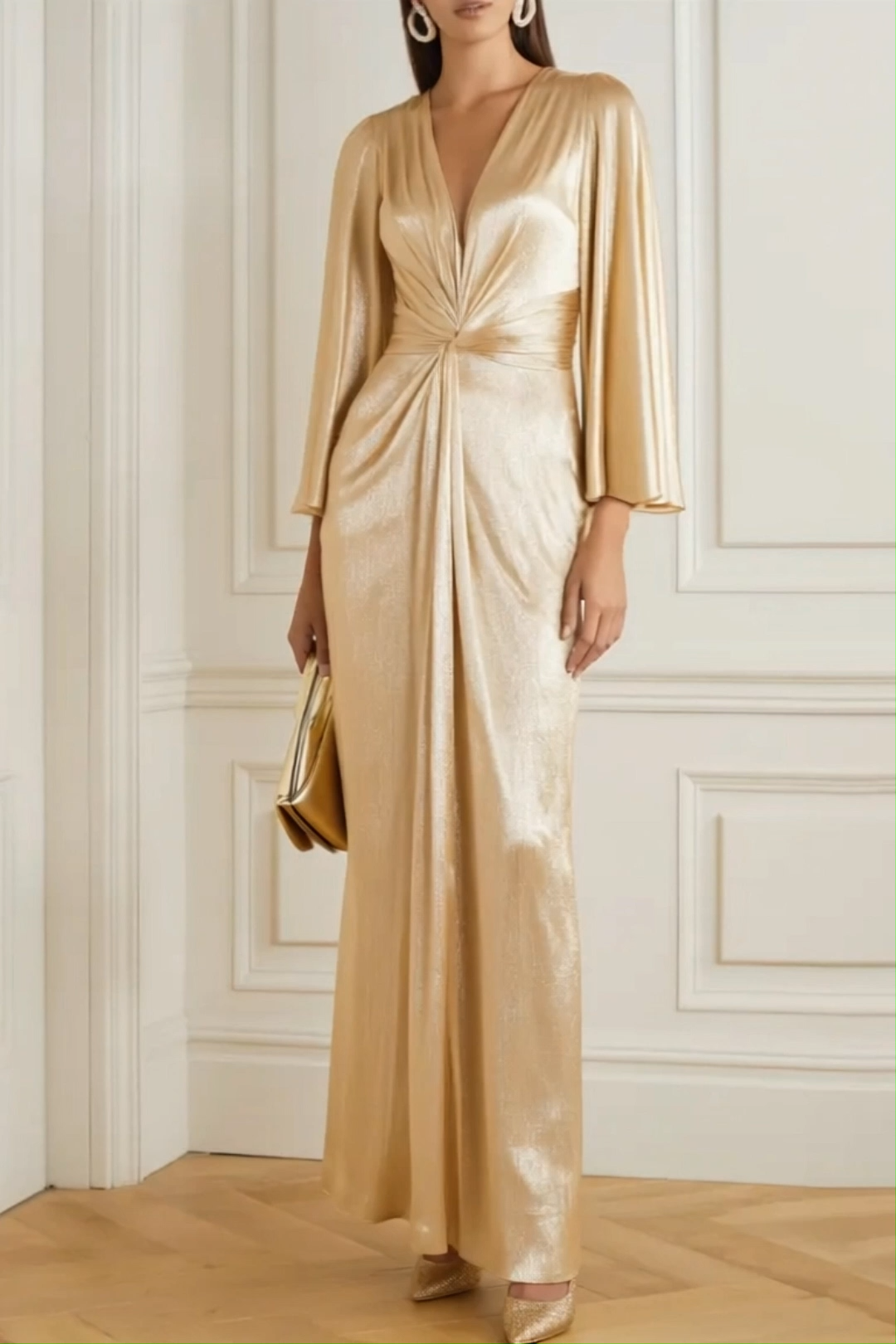 Formal Party Dress Gold V-Neck Long Sleeve Maxi Dress