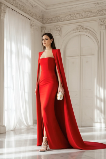 Formal Evening Dress Red Strapless Cape Maxi Dress