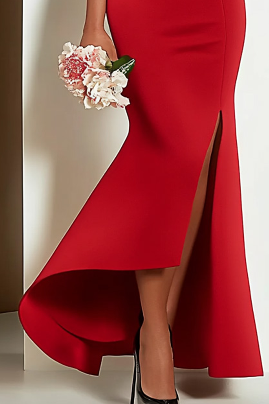 Maxi Party Dress Round Neck Asymmetric Slit Black Red Contrast Dress