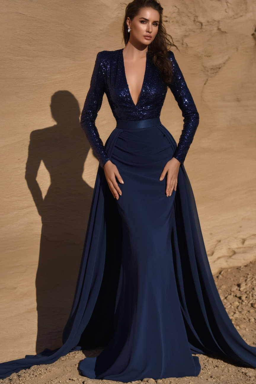 Formal Swing Evening Dress Navy Deep V Sequin Maxi Dress
