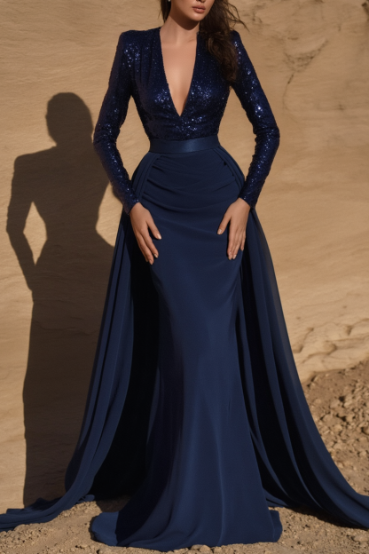 Formal Swing Evening Dress Navy Deep V Sequin Maxi Dress