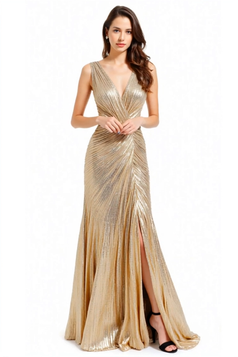 Formal Evening Gold Dress Pleated Sleeveless Metallic V-Neck Slit Floor-Length Dress