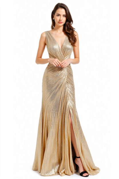 Formal Evening Gold Dress Pleated Sleeveless Metallic V-Neck Slit Floor-Length Dress