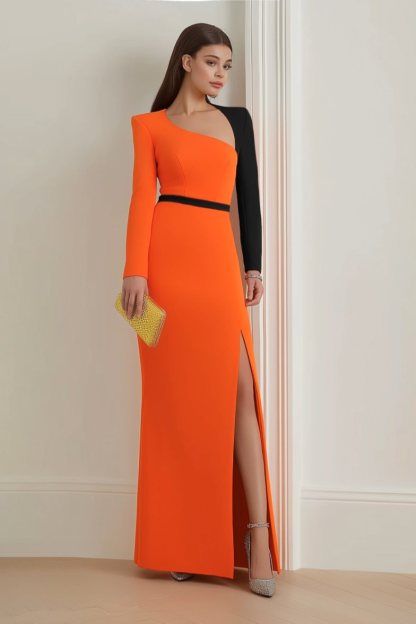 Formal Evening Dress Orange V Neck Long Sleeve Slit Maxi Dress