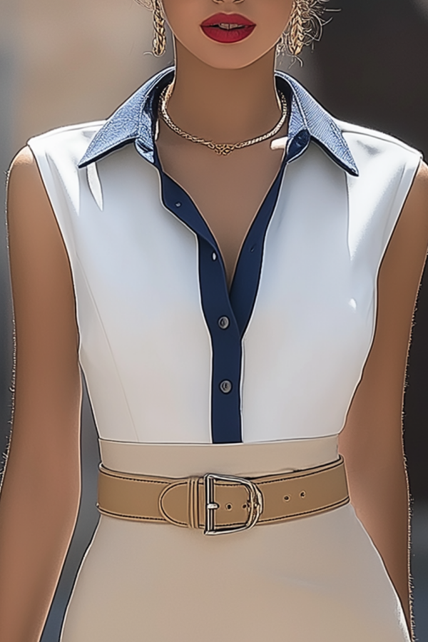 Belted knee length office dress with blue neck detail