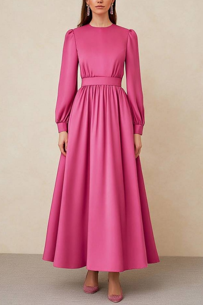 Formal ​Evening Dress Rose Crew Neck Maxi Long Sleeve Dress