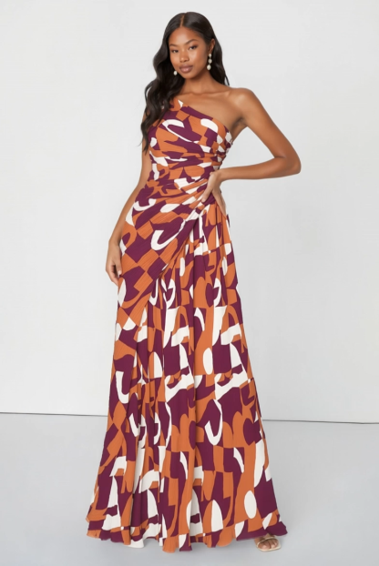Vacation Dress​​ Red One Shoulder Print Maxi Dress