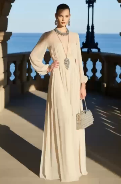 Formal Evening Dress Beige Chiffon Long Sleeve Deep V Maxi Dress