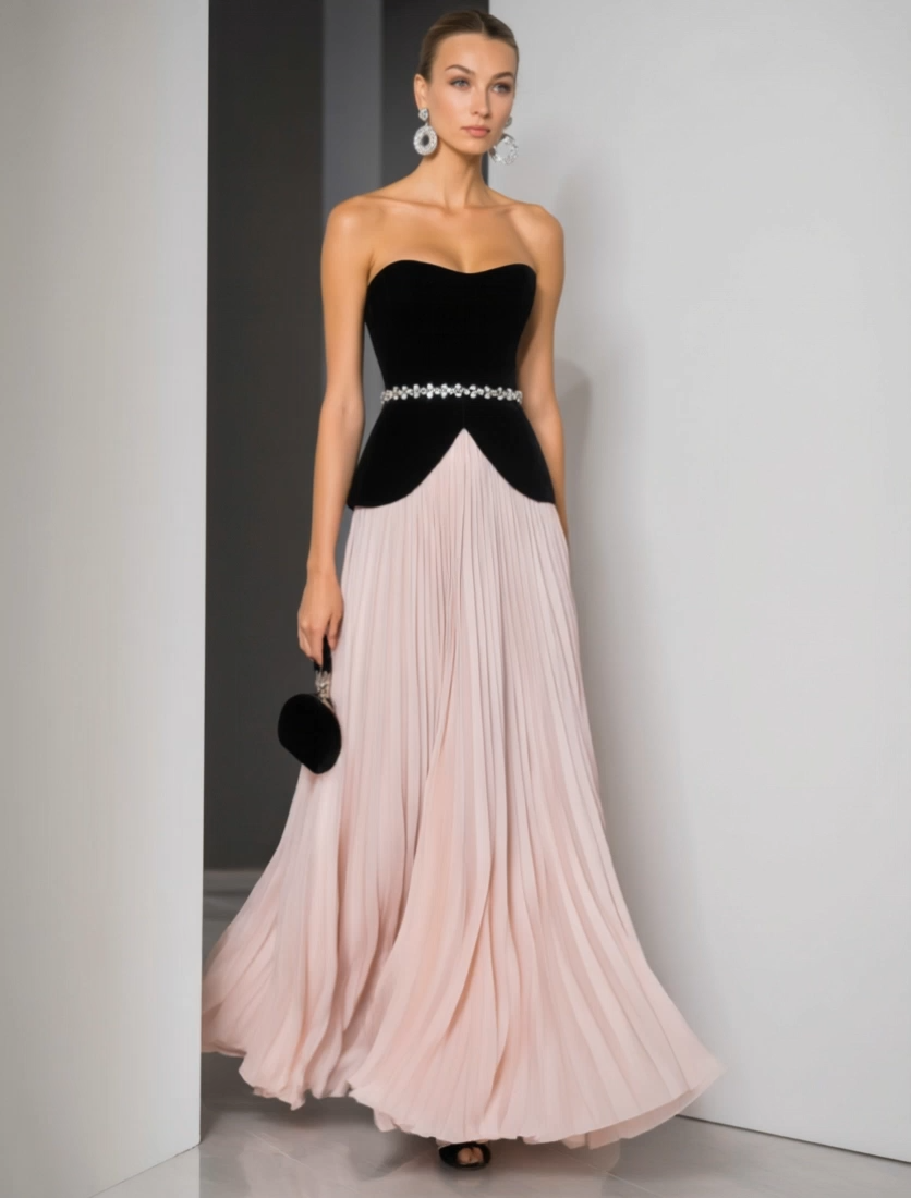 Evening Outfit Sets Pink Strapless Belted Floor-Length Skirt Set