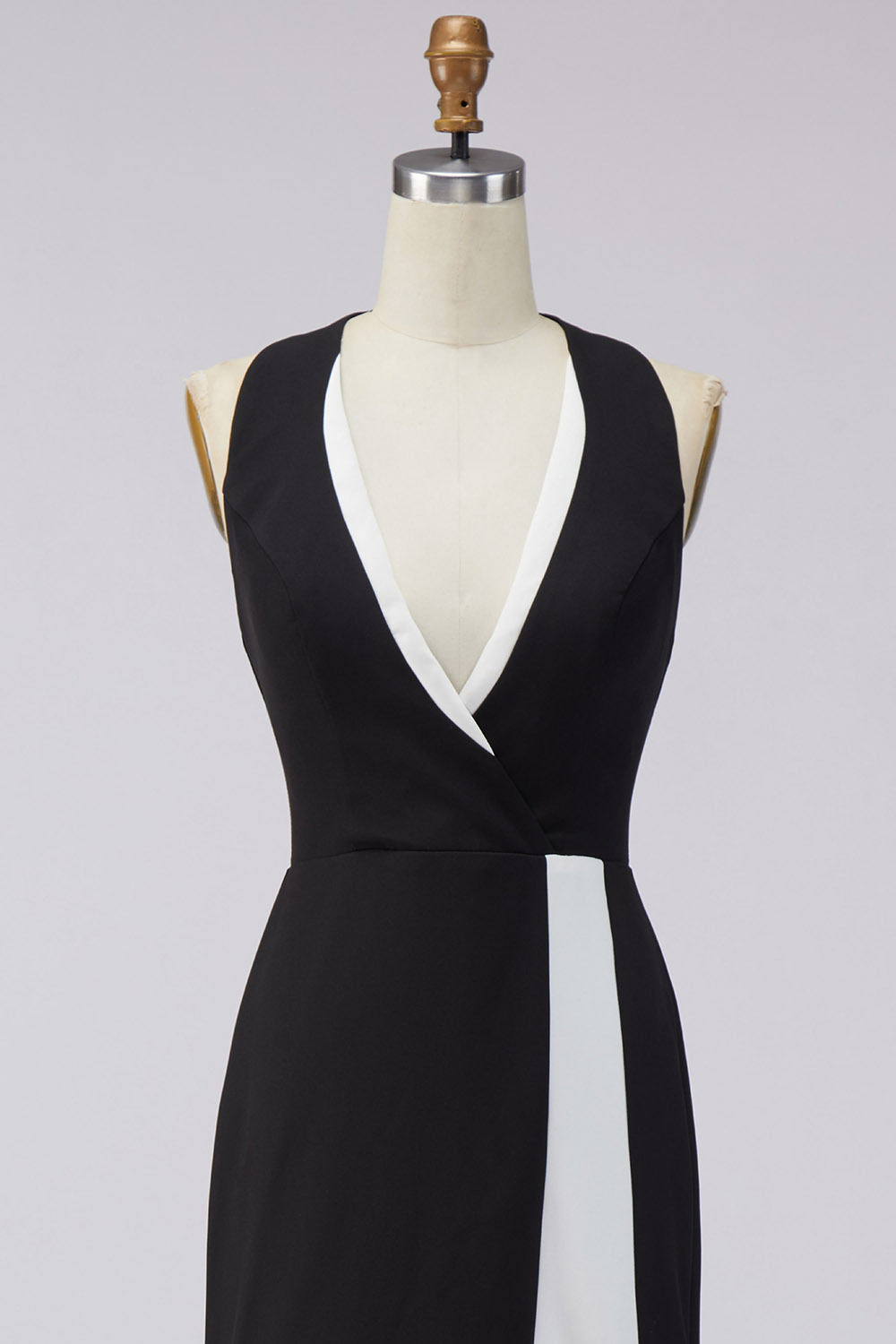 Evening Formal Dress Black White Halter V-Neck Slit Maxi Gown