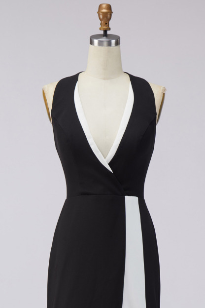 Evening Formal Dress Black White Halter V-Neck Slit Maxi Gown