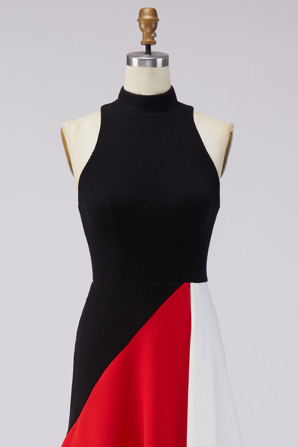 Formal Evening Dress Red Black Color-Block Sleeveless Maxi Dress