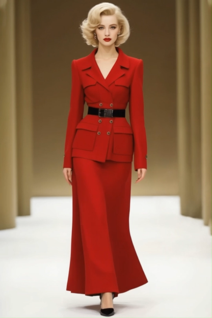 Business Blazer Suit Red Lapel Sleeveless Skirt Set