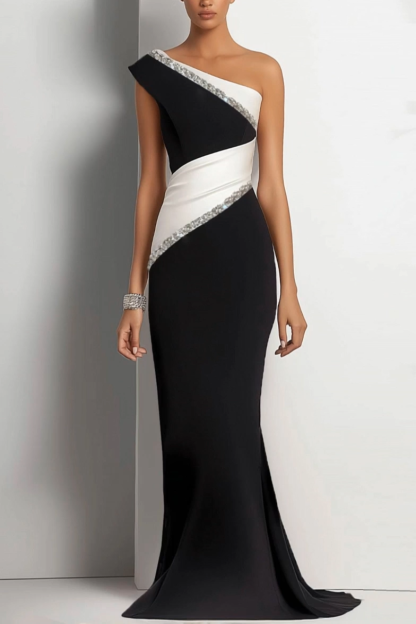 Party One-Shoulder Diamond Dress Black White Maxi Dress