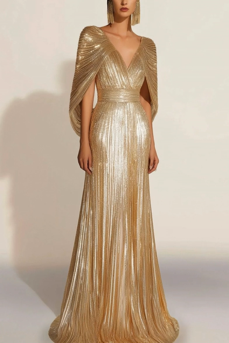 Formal Evening Fringe Dress Gold Sequin V Neck Cape Maxi Gown