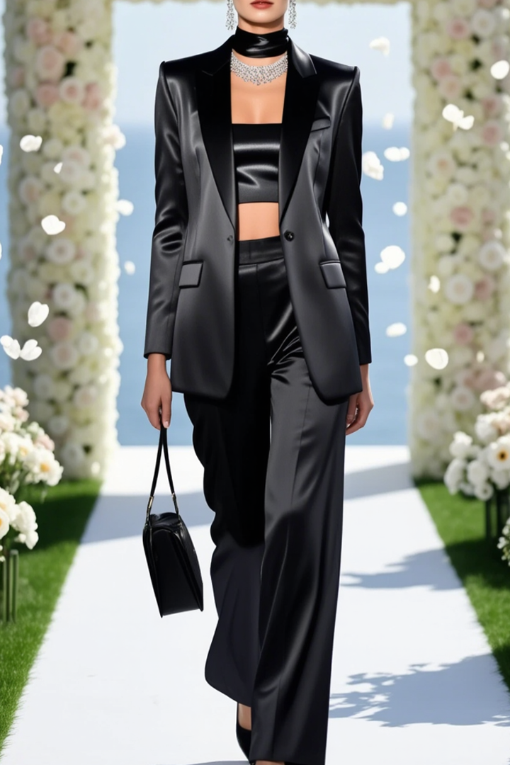 Business Party Blazer Suit Sets Black Lapel Long Sleeve Pants Set