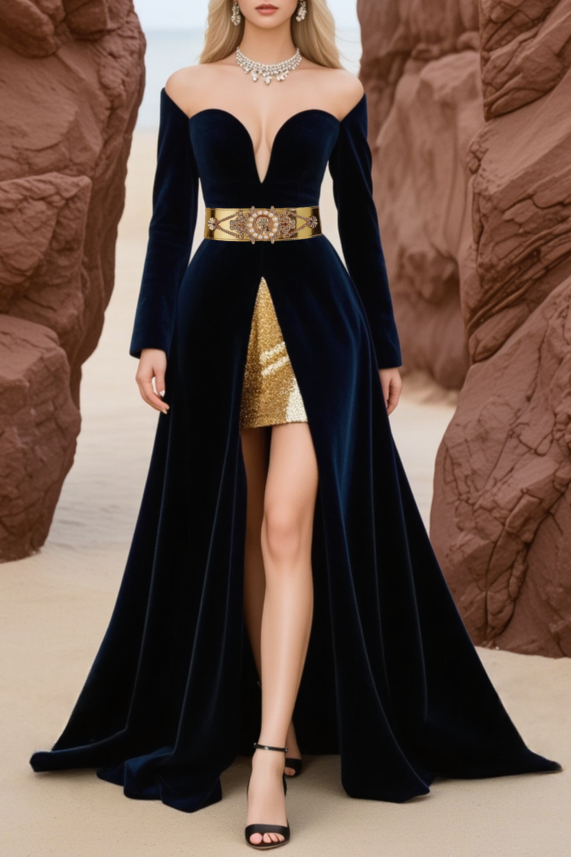 Formal Evening Dress Navy Long Sleeve Maxi Velvet Dress