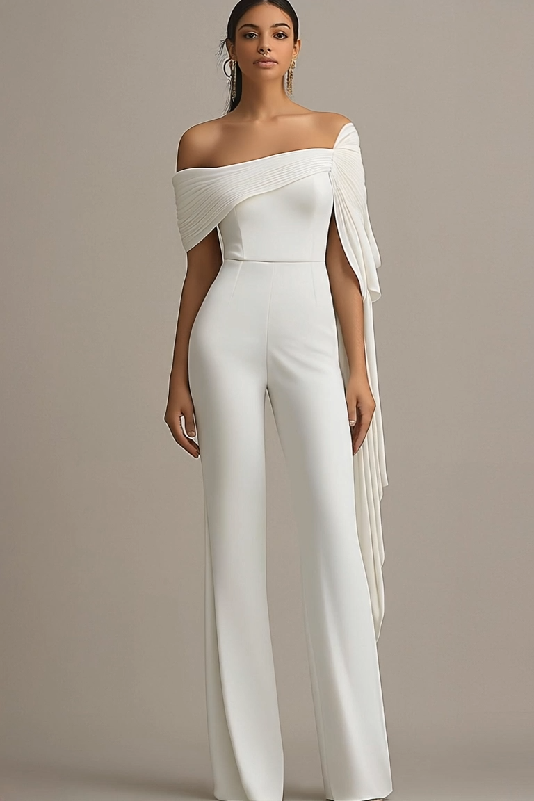 Formal Off-Shoulder White Draped Wide-Leg Jumpsuit