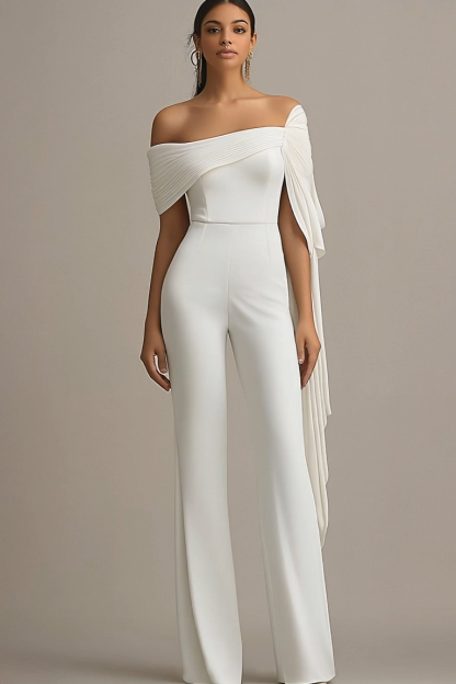 Formal Off-Shoulder White Draped Wide-Leg Jumpsuit